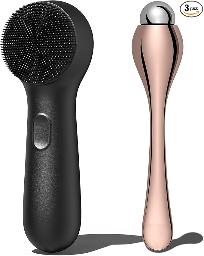 NågraCoola CLIE Silicone Face Scrubber, Facial Cleansing Brush, Rechargeable, Waterproof Face Scrub Brush for Deep Cleansing, Exfoliating, Massage, with Eye Roller, for Women and Men-Black