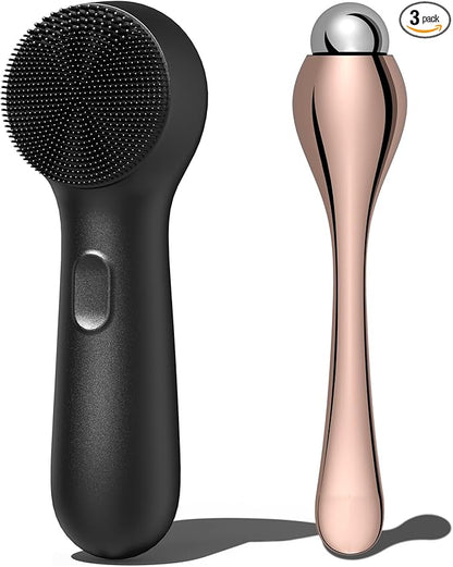 NågraCoola CLIE Silicone Face Scrubber, Facial Cleansing Brush, Rechargeable, Waterproof Face Scrub Brush for Deep Cleansing, Exfoliating, Massage, with Eye Roller, for Women and Men-Black