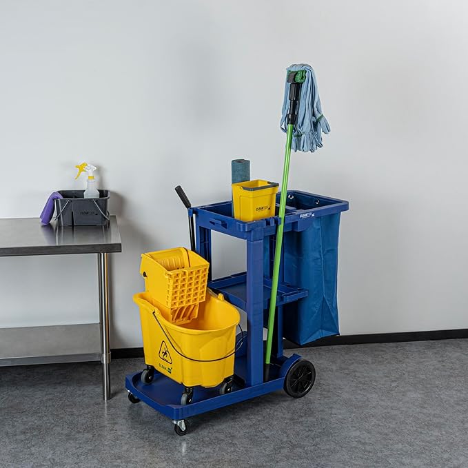 Restaurantware-Clean Tek Professional Janitor Cart with Wheels, 1 Cleaning Trolley with 18 Gallon Bag - 3 Shelves, Heavy-Duty, Blue Plastic Commercial Janitorial Cart, for Restaurants