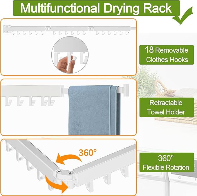 Kelisiting Foldable Clothes Drying Rack, 2 Fold Laundry Drying Rack Wall Mount, [No Drilling] Folding & Durable Space Saver for Laundry, Balcony, Bathroom, Patio, Dormitory, Apartment-White