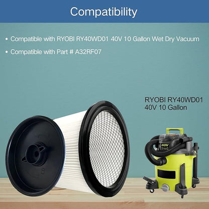 Replacement HEPA Filter Compatible with RYOBI RY40WD01, 40V 10 Gallon Wet Dry Vacuum Cleaner, Large Cartridge Filter for Part # A32RF07