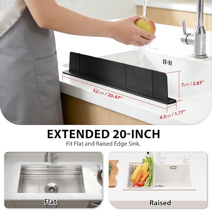 20Inch Silicone Sink Splash Guard with Strong Suction Cups, Flexible Kitchen Sink Splash Guard for Front of Sink, Easy to Clean Splash Guard for Kitchen & Bathroom (Black, 20.5''x2.8'')