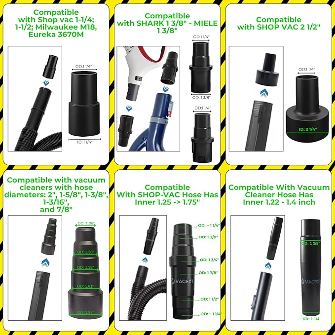 Universal Vacuum Attachments & Brushes Kit - Hardwood Floor Vacuum Brush Head Attachment & Shop-vacs Accessories - Universal Vacuum Hose Adapter Kit & Dryer vent Flexible Crevice Attachment