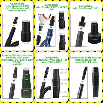 Universal Vacuum Attachments & Brushes Kit - Hardwood Floor Vacuum Brush Head Attachment & Shop-vacs Accessories - Universal Vacuum Hose Adapter Kit & Dryer vent Flexible Crevice Attachment