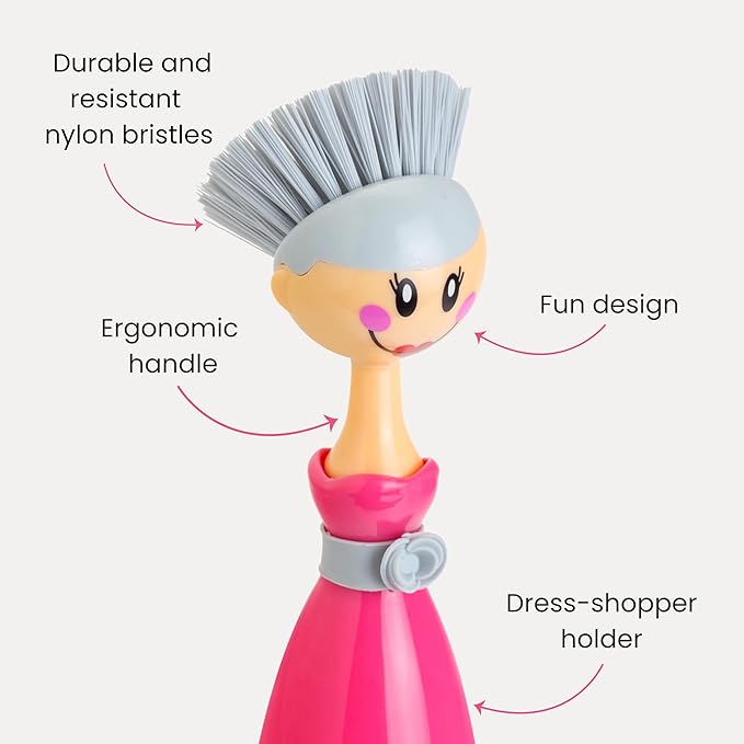 Vigar Dolls Dish Brush with Handle and Holder - Dish Scrubber Brush for Dishes and Pans, Kitchen Scrub Brush, Dishwashing Brush for Kitchen Sink Cleaning, Cute Standing Dish Brush Design - Pink, Gray
