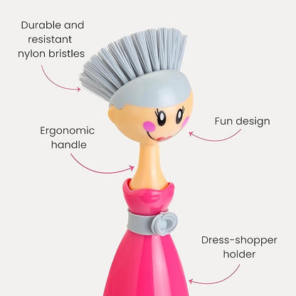 Vigar Dolls Dish Brush with Handle and Holder - Dish Scrubber Brush for Dishes and Pans, Kitchen Scrub Brush, Dishwashing Brush for Kitchen Sink Cleaning, Cute Standing Dish Brush Design - Pink, Gray