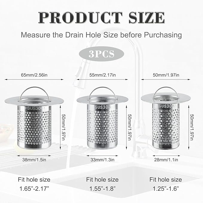 3Pcs Sink Drain Strainer，Shower Strainer Drain Hair Catcher Floor Drain Filter with Handle Stainless Steel Drainer Filter Used to Prevent Clogging of Kitchen Sinks (1.97"&2.17"&2.56")