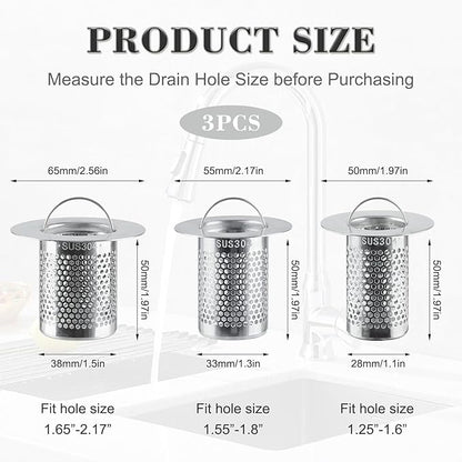 3Pcs Sink Drain Strainer，Shower Strainer Drain Hair Catcher Floor Drain Filter with Handle Stainless Steel Drainer Filter Used to Prevent Clogging of Kitchen Sinks (1.97"&2.17"&2.56")