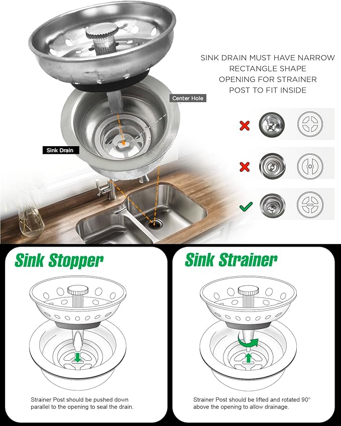 Highcraft 97333 Kitchen Sink Basket Strainer Replacement for Standard Drains (3.25 Inch) Chrome Plated Stainless Steel Body With Rubber Stopper, 3.25"