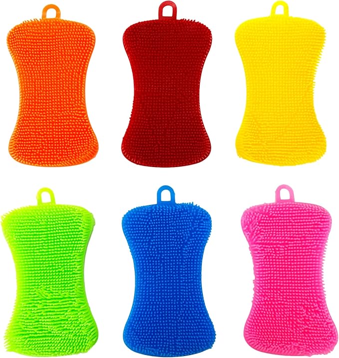 6 Colors Silicone Cleaning Scrubber，Colored Sponges for Dishes for Cleaning Silicone Scrubber Kitchen