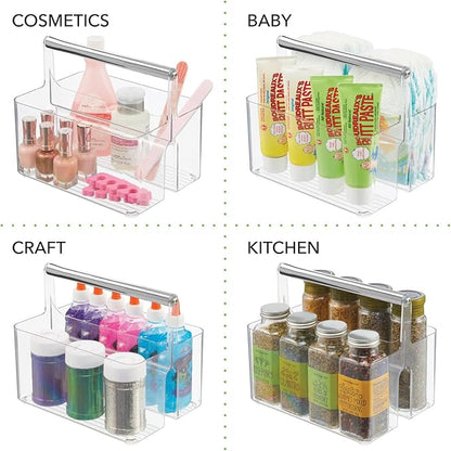 mDesign Plastic Shower Caddy Storage Organizer Utility Tote, Divided Basket Bin - Metal Handle for Bathroom, Dorm, Kitchen, Holds Soap, Shampoo, Conditioner - Aura Collection - Clear/Chrome