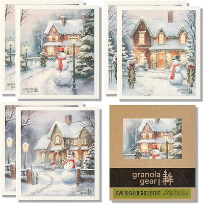 Home by GranolaGear-Christmas Swedish Dishcloths for Kitchen 6-Pack Reusable Paper Towels, Eco-Friendly, Compostable, Biodegradable Dish Wash Cloth Sponge, Winter Holiday Snowman Art-Cozy Snow Day
