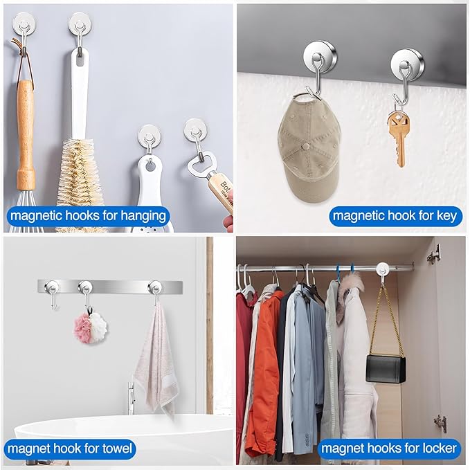 LOVIMAG Hooks, 120lbs+ Magnetic Magnet Hook 2025 Cruise Cabin Ship Essentials Heavy Duty Strong Refrigerator Fridge Hanging for Classroom Beach Vacation Kitchen Grills Home Mug Hanger (8 Pack), Silver