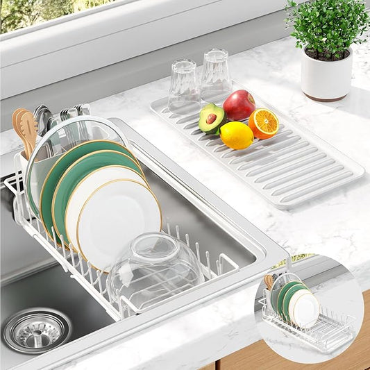 Kitsure Dish Drying Rack - Expandable Dish Rack for Kitchen Counter, Over Sink Or in Sink, Space-Saving Plates Dryer with Cutlery Holder & Drip Tray, 14.0"-20.9" L x 6.3" W x 8.0" H, White