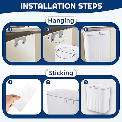 3 Pack Hanging Trash Can with Lid, Kitchen Compost Bin for Counter Top or Under Sink, Waste Basket Wall Mounted Garbage Can for Cupboard/Bathroom/Bedroom/Office/Camping (White)