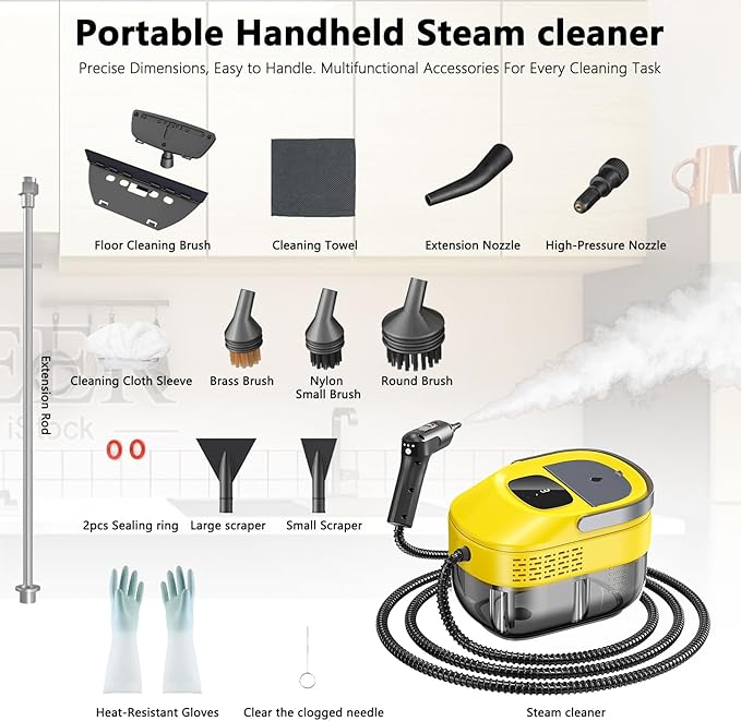 2026 New 3 Level Adjustable Pressurized Handheld Steam Cleaner for Home, 10s Heat-Up Handheld Steamer for Cleaning, 1.6 Qt Tank Portable Steam Cleaner Handheld for Car (Yellow, 1 Set)