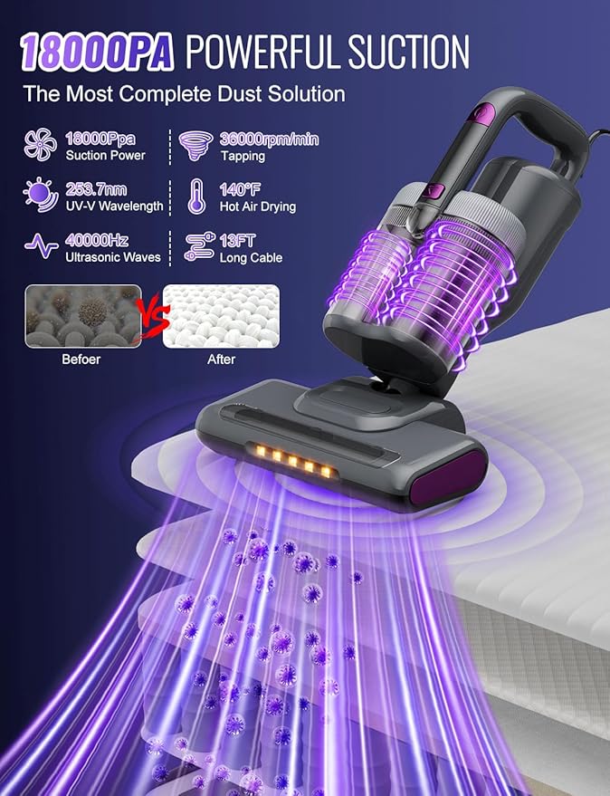 Bed Mattress Vacuum Cleaner New Folding Design - 18 Kpa Cleaner Vacuum with HEPA Filter, 253.7nm UV-C Light and 140°F Heat - Powerful Handheld Vacuums for Bed Couch Crib Carpet