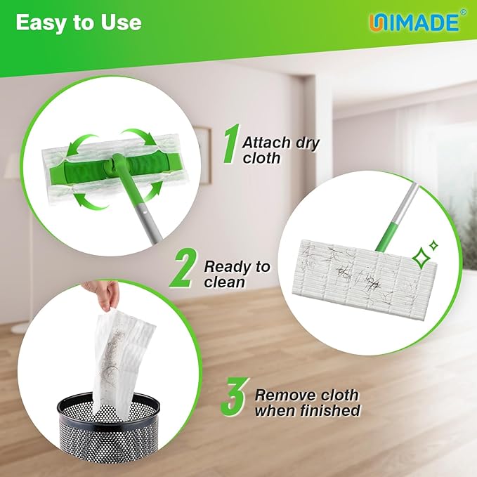 UNIMADE Dry Sweeping Cloths, 100 Count Mop Refill Compatible with Swiffer Sweeper - Disposable Duster Refills Mops for Cleaning Hardwood Floor Dust