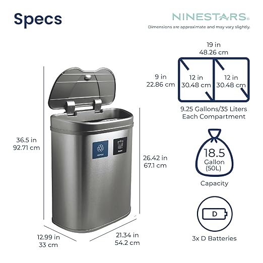 Ninestars 18.5 Gallons Automatic Touchless Kitchen Trash Can with Lid, Motion Sensor Trash Can for Kitchen, Office 70 Liter Stainless Steel Garbage Bin (2 x 9.2 Gallon Double Compartment)