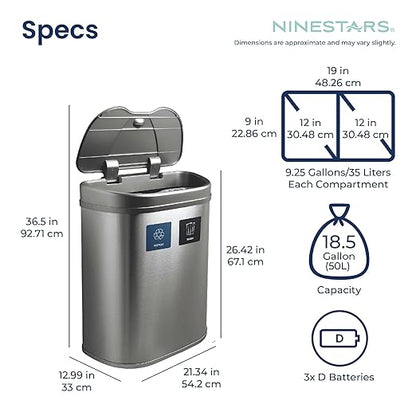 Ninestars 18.5 Gallons Automatic Touchless Kitchen Trash Can with Lid, Motion Sensor Trash Can for Kitchen, Office 70 Liter Stainless Steel Garbage Bin (2 x 9.2 Gallon Double Compartment)