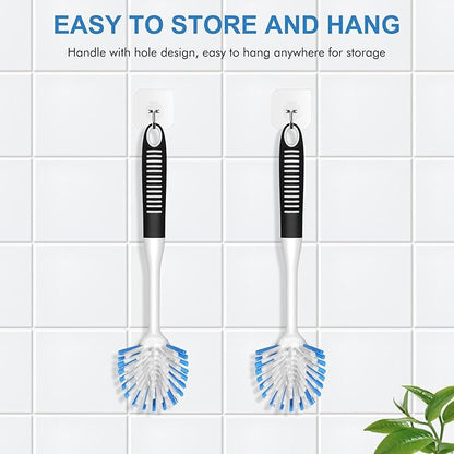 SetSail Dish Brush with Handle, 2 Pack Stiff Bristles Dish Scrubber with Built-in Scraper Dish Scrub Brushes for Cleaning Dishes, Pots and Pans, Kitchen Sink