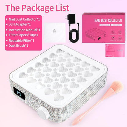 BQAN Nail Dust Collector Portable for Home & Salon - 4200RPM Vacuum with Reusable Filter, for Acrylic Drilling Dust Beginner Friendly Small Manicure Tool (White AB Rhinestones)