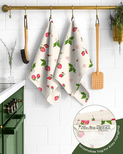 Miss Adola Flour Sack Kitchen Towels - Set of 2 Spring Dish Towels with Hanging Loop 18x26 Inch Absorbent Reusable Cotton Cloths for Cleaning Cute Design Home Decorative Housewarming, Color Strawberry