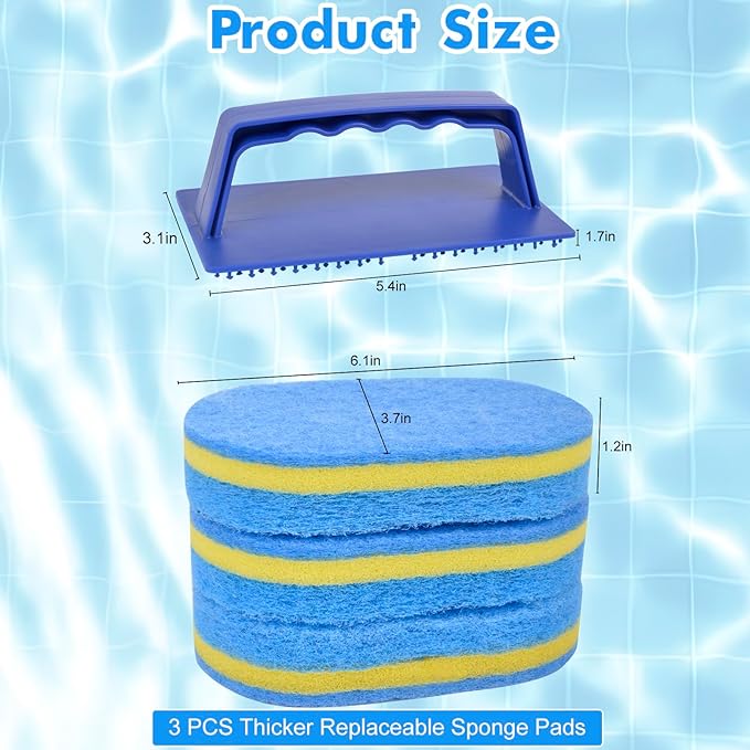 4Pcs Handled Pool Scrubber Brush - Pool Scrub Brush Set with 3 Thicker Replaceable Sponge Pads, Non-Scratch Pool Bathroom Cleaning Brush for Swimming Pool Step Liner, Shower Tile, Bathtube