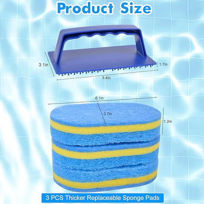 4Pcs Handled Pool Scrubber Brush - Pool Scrub Brush Set with 3 Thicker Replaceable Sponge Pads, Non-Scratch Pool Bathroom Cleaning Brush for Swimming Pool Step Liner, Shower Tile, Bathtube