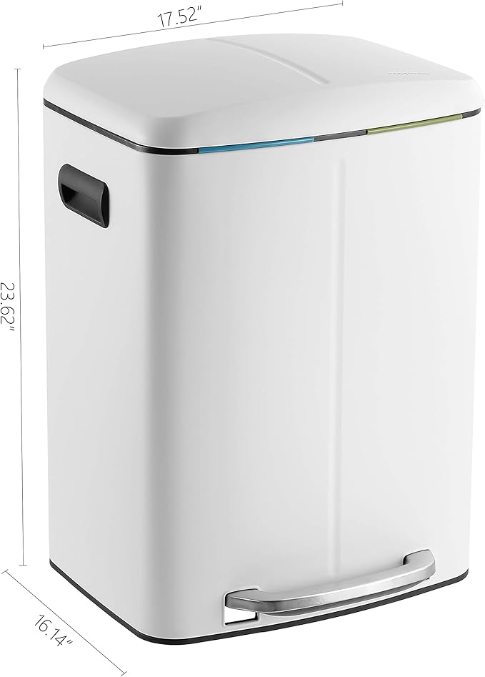 happimess HPM1005C Marco Rectangular 10.6-Gallon Double Bucket Trash Can with Soft-Close Lid, White, Fingerprint Resistant, Modern, Minimalistic for Home, Kitchen, Office, Bedroom, Bathroom