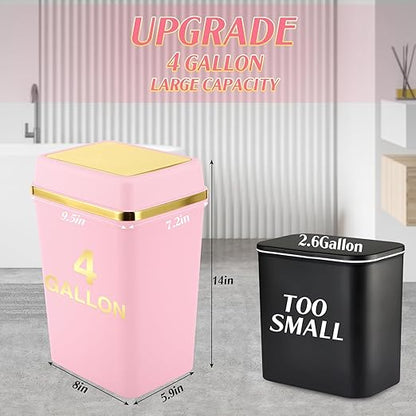 3 Pack Bathroom Trash Can with Lid 4 Gallon Pink Small Trash Can with Swing Lid Bathroom Garbage Can with 150 Counts Trash Bags for Kitchen Bedroom Office