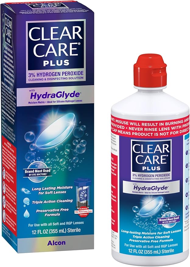 CLEAR CARE PLUS Cleaning & Disinfecting Contact Lens Solution (12 oz, Pack of 1), HydraGlyde Moisture Matrix, For Soft & RGP Lenses, Preservative-Free, Included Lens Case, Deep Cleaning Action