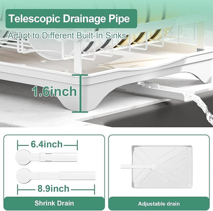 Dish Drying Rack,Dish Racks for Kitchen Counter, Metal Dish Drainer with Adjustable Drainage Spout, Removable Knife and Fork Holder (White)