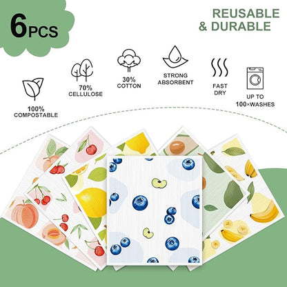 Swedish Dishcloths for Kitchen, 6 Pack, Reusable Paper Towels Washable, Super Absorbent Dish Drying Rags, Fast Dry Non-Scratch Cloths for Washing Dishes, Biodegradable