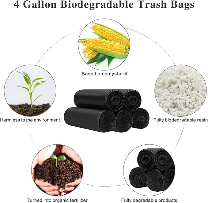 Toplive Trash Bag Garbage Bag Trash Bags Wastebasket Bin Liners for Home Bathroom Bedroom Kitchen Office Trash Can (Black, 4 Gallon - 1.2Mil)