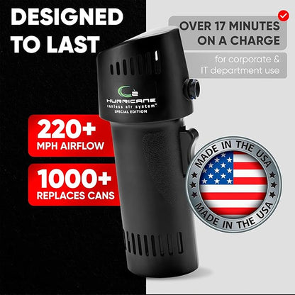 Canless Air System ESD Safe O2 Hurricane, Rechargeable Air Duster, 220+ MPH Cordless Cleaner for Clean Rooms, Eco Alternative, Black, Made in USA