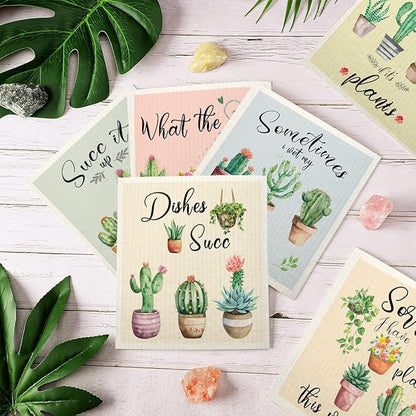 Swedish Dishcloths for Kitchen | 6 Pack Floral Reusable Paper Towels Washable | Swedish Dish Towels | Non-Scratch Cellulose Sponge Cloths | No Odor, Biodegradable Cleaning Cloths, Cactus
