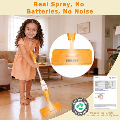 Toddlers Spray Mop (Real Works), No Batteries, Endless Fun| Kids Cleaning Set, Mini Mop for Age 2-5 Year| Montessori Toy Gifts for Baby Boys Girls, Fine Motor Skill (2 Washable Pads)