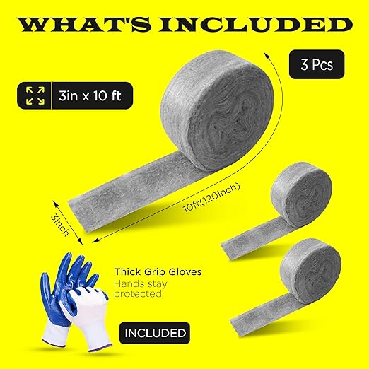 Wool Assortment for Cleaning – 0000 Grade Fine to Coarse Steel Wool Pads & Rolls, Multiple Pack Sizes and Length Options (3" x 10ft (3 Pack))