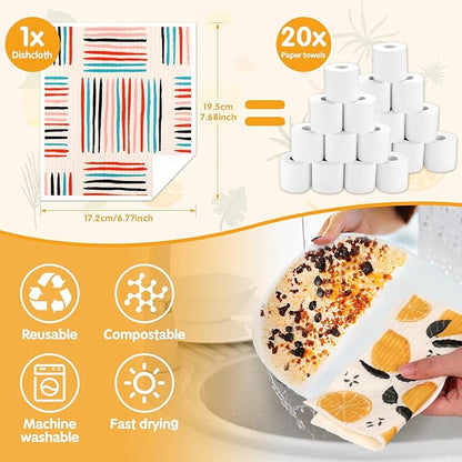 Lucomb 10 Pack Swedish Dishcloths Washable, Reusable Swedish Cloths Biodegradable Kitchen Towels with Hanging Clips, Cellulose Cotton Blend, Lemon Prints
