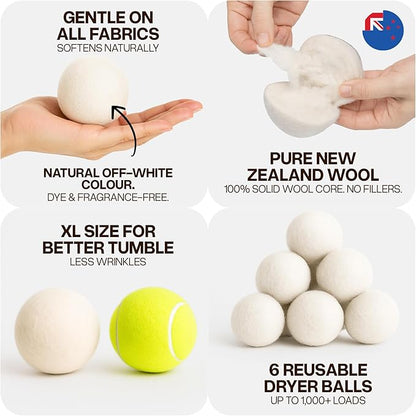 WoollyPals Dryer Balls (6-Pack, XL Size) - 100% New Zealand Wool - No More Dryer Sheets - Eco Dryer Balls - Reusable - Softens Laundry - Reduces Drying Time & Static - with Storage Bag (Plain White)