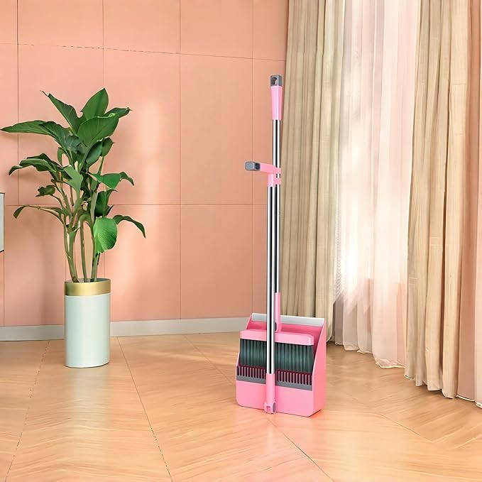 2-in-1 Broom with Dustpan Combo Set,Long Handle Broom Dustpan Combo with Dustpan Teeth to Automatically Clean Hair for Home, Indoor or Outdoor Cleaning Hall Floor (Pink)