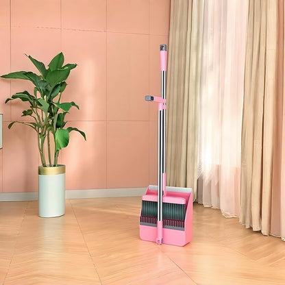 2-in-1 Broom with Dustpan Combo Set,Long Handle Broom Dustpan Combo with Dustpan Teeth to Automatically Clean Hair for Home, Indoor or Outdoor Cleaning Hall Floor (Pink)