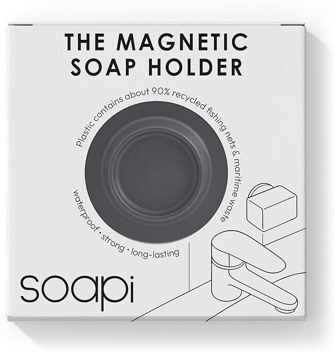 Magnetic Soap Holder – No-Drill Installation – Space-Saving Wall Soap Dish – Wall Mounted, Eco-Friendly Bar Soap Holder – Recycled Ocean Plastic – Stick Anywhere - Soapi (Dark Grey)