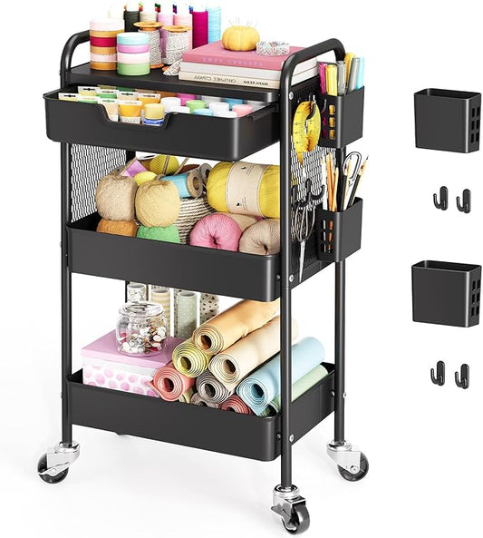 3 Tier Metal Rolling Utility Cart with Drawer & Pegboard - Multifunctional Storage Cart on Wheels with Tabletop, Hooks & Basket, Sturdy Craft & Art Cart for Bathroom, Bedroom, Children Room, Black