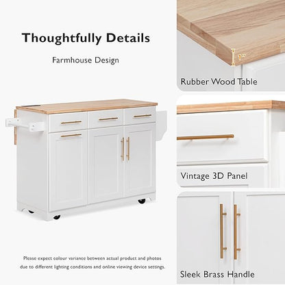 59.3" Kitchen Island with Drop Leaf and Pull Out Trash Can Storage Cabinet, Rolling Kitchen Island Table with Power Outlet, Spice & Towel Rack for Kitchen, Dining, White