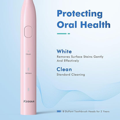 Pink Electric Toothbrush with 8 Brush Heads, Sonic Toothbrush with Fast Charge 4 Hours Last 60 Days, 2-Min & 30s Smart Timer, IPX7 Waterproof(Pink)