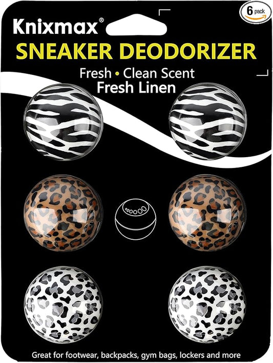 Knixmax Sneaker Deodorizer Shoe Freshener Balls, Odor Eaters for Shoes Boots Mules, Smell Eliminator Ball for Gym Gear Bags and Lockers, Fresh Linen Scent, Pack of 6 Leopard