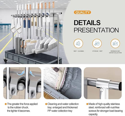 SARKEY Broom Mop Holder Cleaning Supplies Organizer,Rolling Janitor Cart With Wheels,Freestanding Housekeeping Storage For Garage,Garden,Closet,Schools,Hotels(65x42x110cm(25x16x43in))