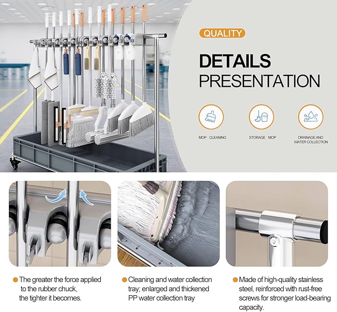 SARKEY Broom Mop Holder Cleaning Supplies Organizer,Rolling Janitor Cart With Wheels,Freestanding Housekeeping Storage For Garage,Garden,Closet,Schools,Hotels(95x42x110cm(37x16x43in))
